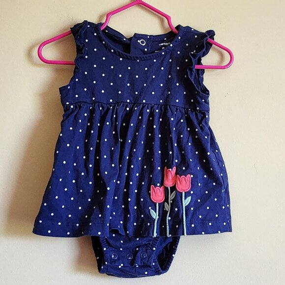 Carters Baby Girl's Flower Romper Blue/White Polka Dots Size 9 Months - Picture 2 of 5